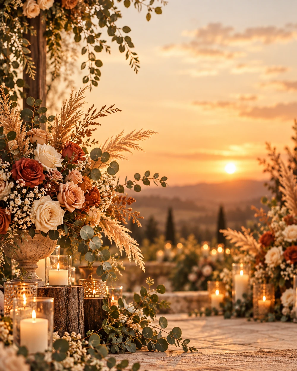 Botanische bruiloftssfeer met bloemen en kaarslicht
